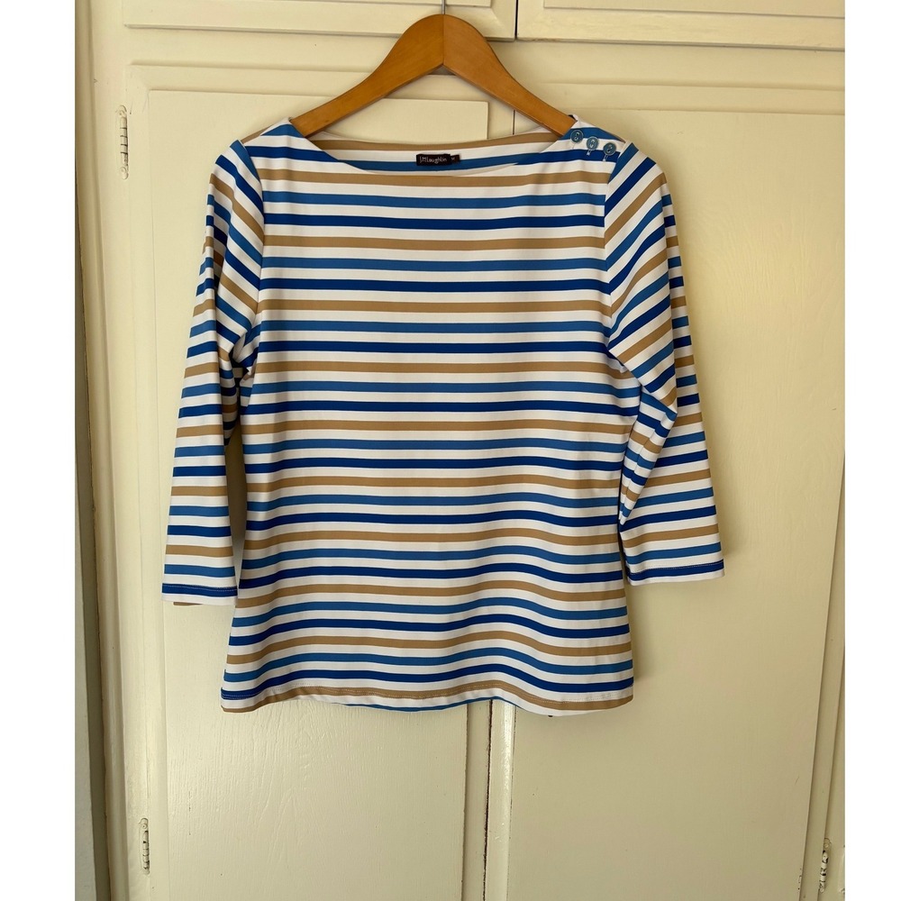 J.McLaughlin Women Blue Tan Striped Boat Neck 3/4 Sleeve Button Shoulder Top M
